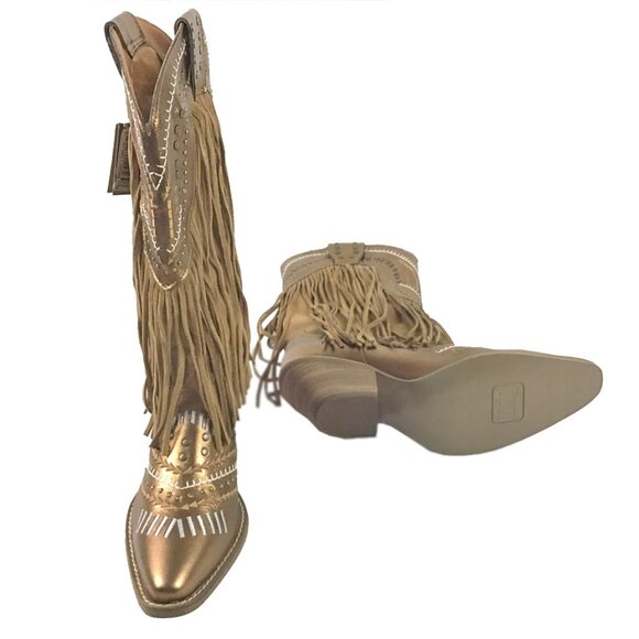 Dingo Gypsy Studded Fringe Metallic Snip Toe Cowboy Boots Brown - Picture 9 of 12
